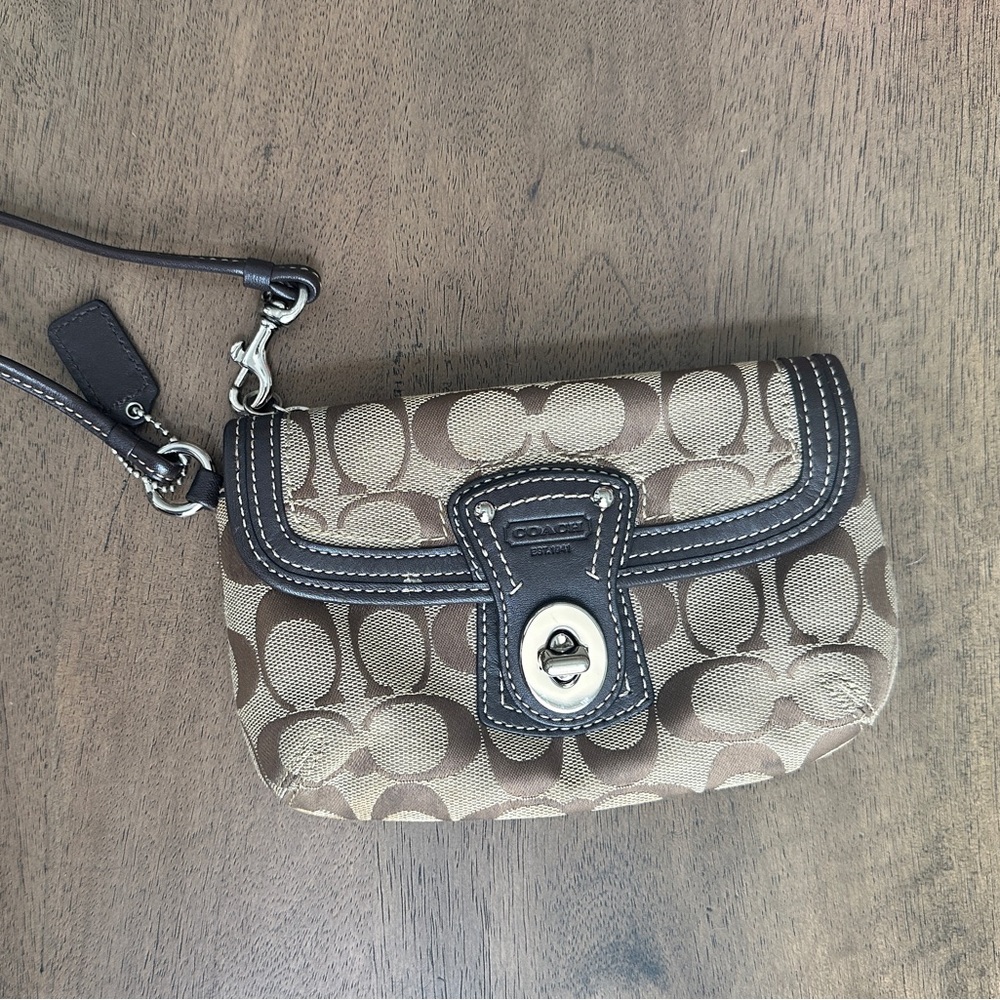 Coach Legacy Signature Brown Canvas Leather Trim Flap Wristlet Coin Wallet